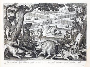 Un feroce cinghiale si alza in collera, i cani ne spingono un altro nelle acque, illustrazione da 